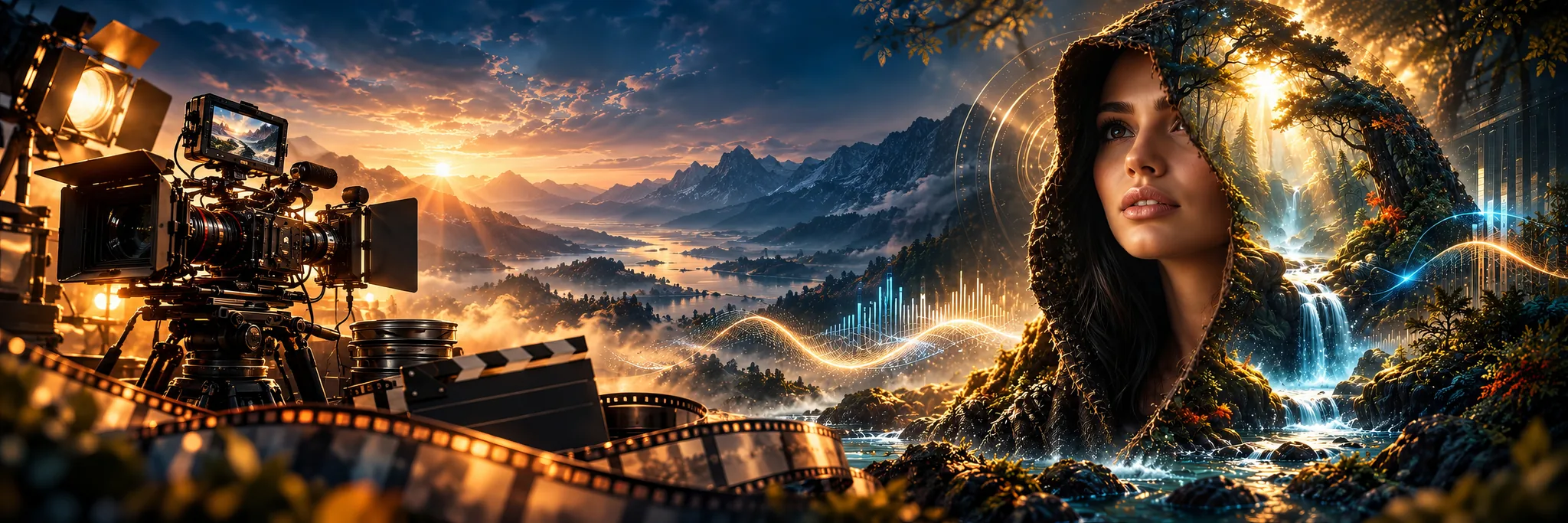 Cinematic camera, film and enchanted forest visual artwork