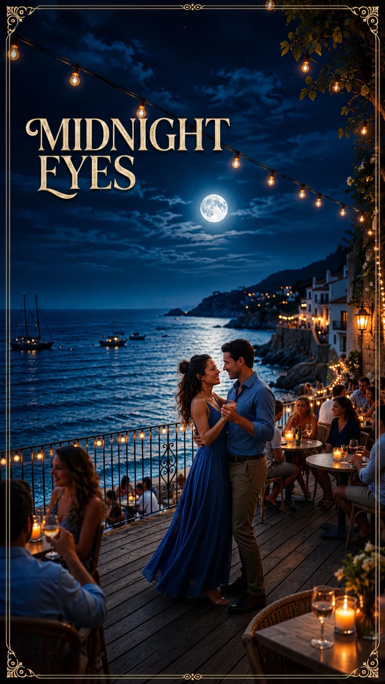 Midnight Eyes portrait Music Video poster: moonlit coastline and couple dancing under string lights